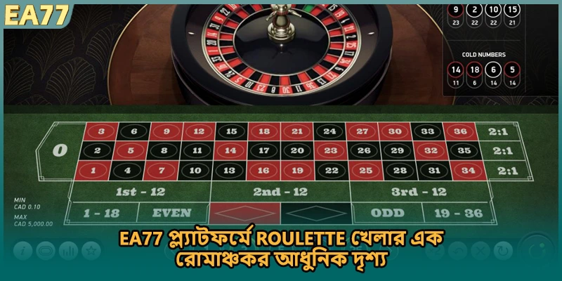 EA77 প্ল্যাটফর্মে Roulette খেলার এক রোমাঞ্চকর আধুনিক দৃশ্য।